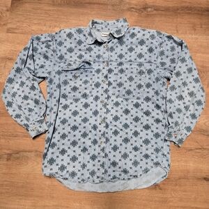 Vintage Aztec Print Denim Stylish Blue Button Down Shirt Small